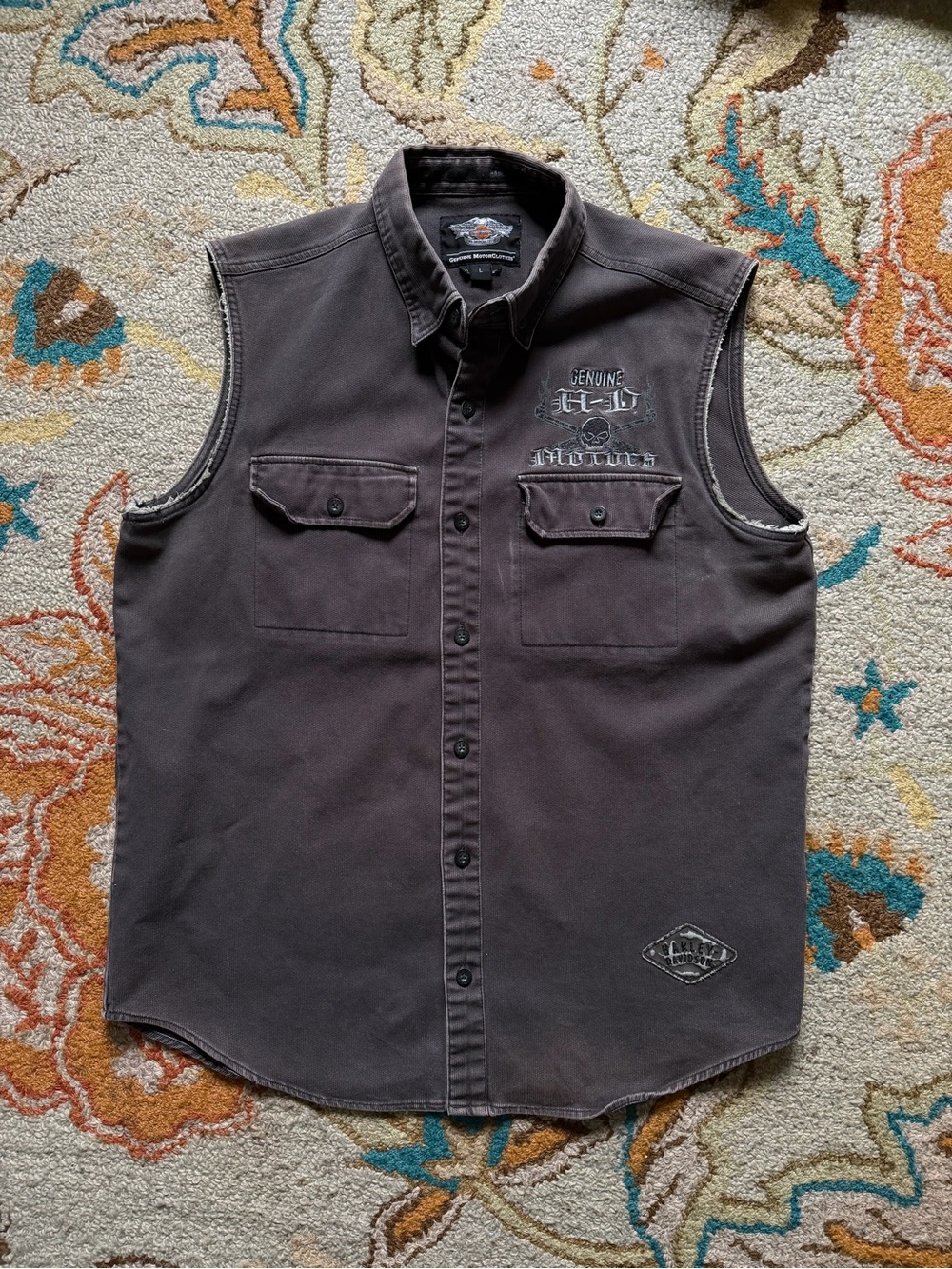 Vintage Harley Davidson Shirt Mens Large Charcoal Gray Sleeveless Skull Y2K Fray